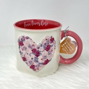 Floral Heart Large Mug, Valentines Day, Love Lives Here, Ivory and Pink